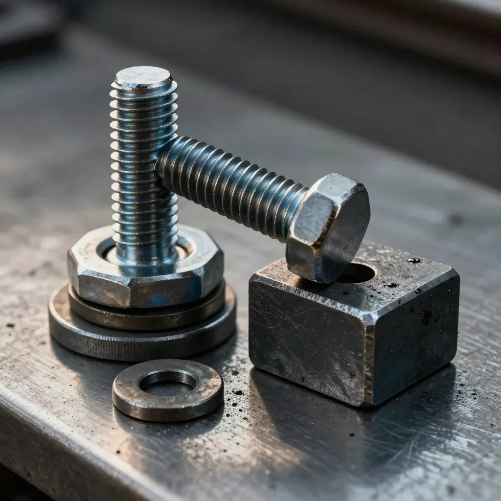 Extreme macro of rail bolt, washers, coupling plate and gauge block on brushed steel with gritty workshop light