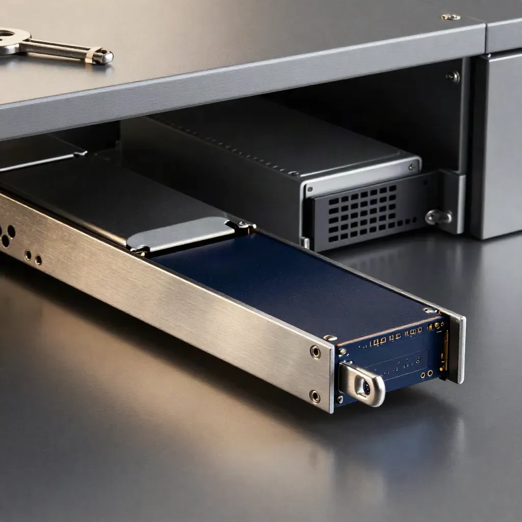 Hot-swap SSD caddy halfway into a server rack beside latch, enclosure, and spacer.