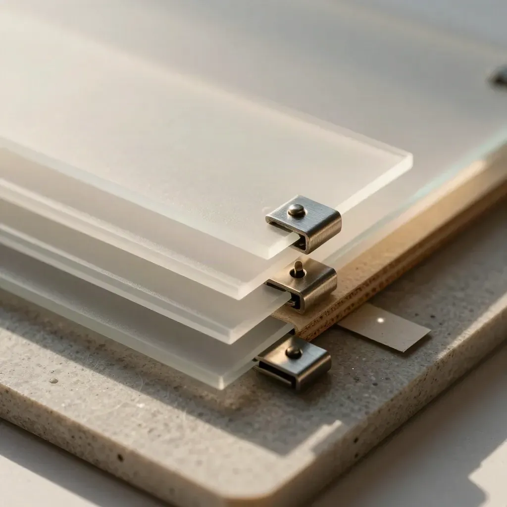 Macro of frosted acrylic UX prototype layers clipped over foam core on a limestone surface.